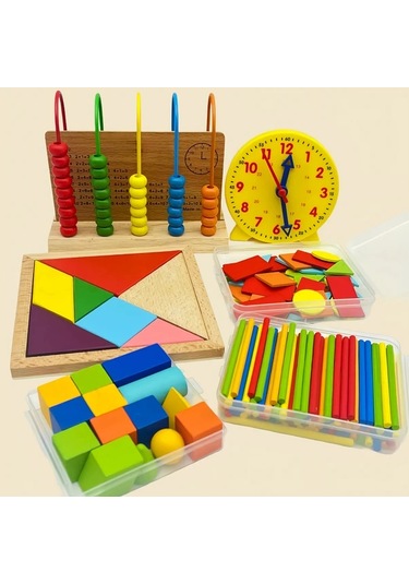 Willowhaven Ahşap Eğitici Oyuncak 6 Parça Matematik Saati Tangram Puzzle Yapı Blokları