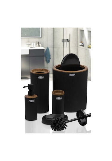 Siyah Ahşap Desenli Çizgili Yuvarlak 5'li Banyo Seti - Sabunluk, Sıvı Sabunluk, Çöp Kovası, Tuvalet Fırçası Ve Diş Fırçalık Siyah