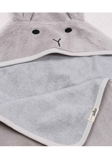 Cigit Kulaklı Tavşan Nakışlı Bebek Banyo Havlusu 75x75 Cm Gri 75 x 75