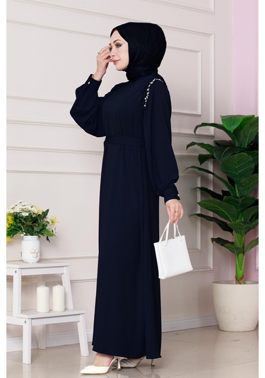 Omuzu Taş Detaylı Rose Elbise-lacivert-4776 Lacivert