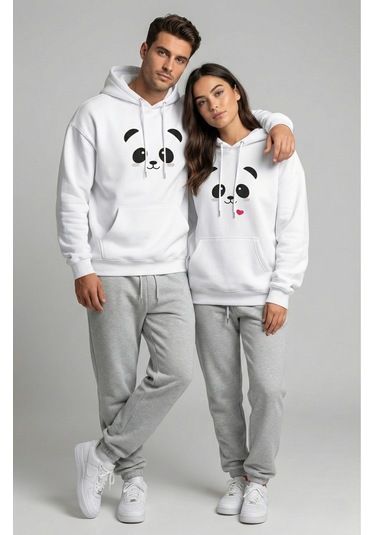 Unisex Sevgili Çift Kombini Oversize Panda Baskılı Çift Hoodie Beyaz