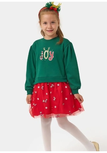 Kız Çocuk Joy Baskılı Tüllü Yıllbaşı Elbisesi Nbk-24908 Yeşil