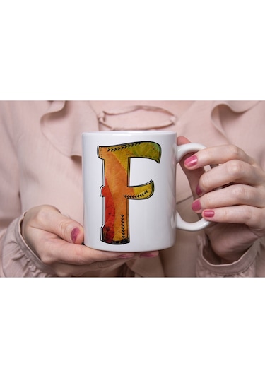 F Harf Yaprak Renkleri İle Kupa Bardak - Kişiye Özel Alfabe Harfli Bardak - Hediye Beyaz
