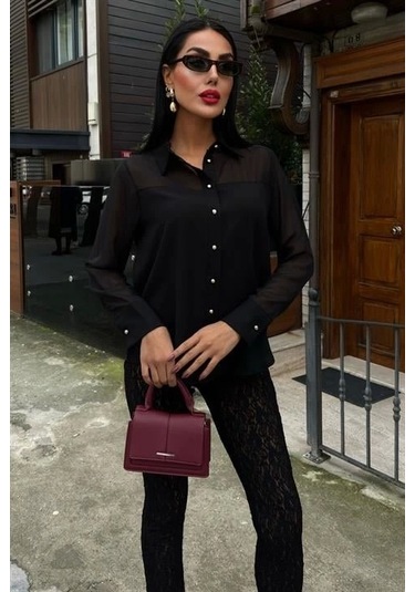 Transparan Detaylı Dökümlü Gömlek 3427 Si Yah Siyah