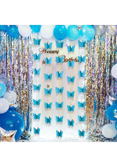 Düğün Doğum Günü Parti Dekoru Kağıt Kelebek Dizesi Mavi Renk