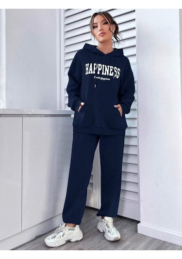 Happiness Eşofman Takımı Sweatshirt Jogger - Lacivert Baskılı Oversize Şardonlu Kapüşonlu Lacivert