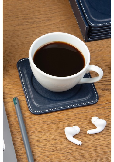 Bardak Altlığı,6 Lı Set,masaüstü Yuvarlak Cup Coaster,vegan Suni Deri,11x11 Cm.,lacivert Lacivert