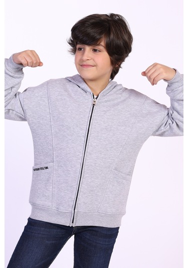 Toontoy Erkek Çocuk Cep Dıfferent Style Tıme Baskılı Hırka Gri Melanj