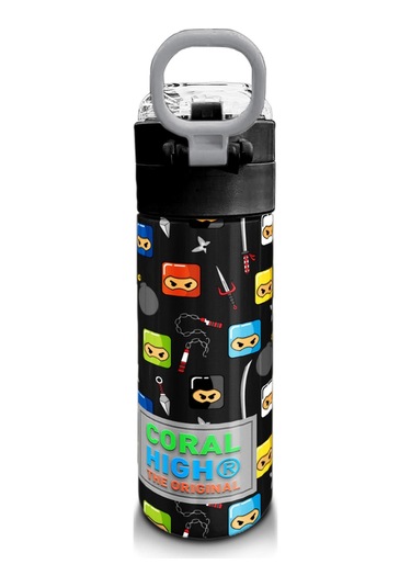Coral High Kids Siyah Ninja Desenli Pipetli Ve Direkt İçim Çelik Termos 500 Ml 31919 Siyah - Beyaz