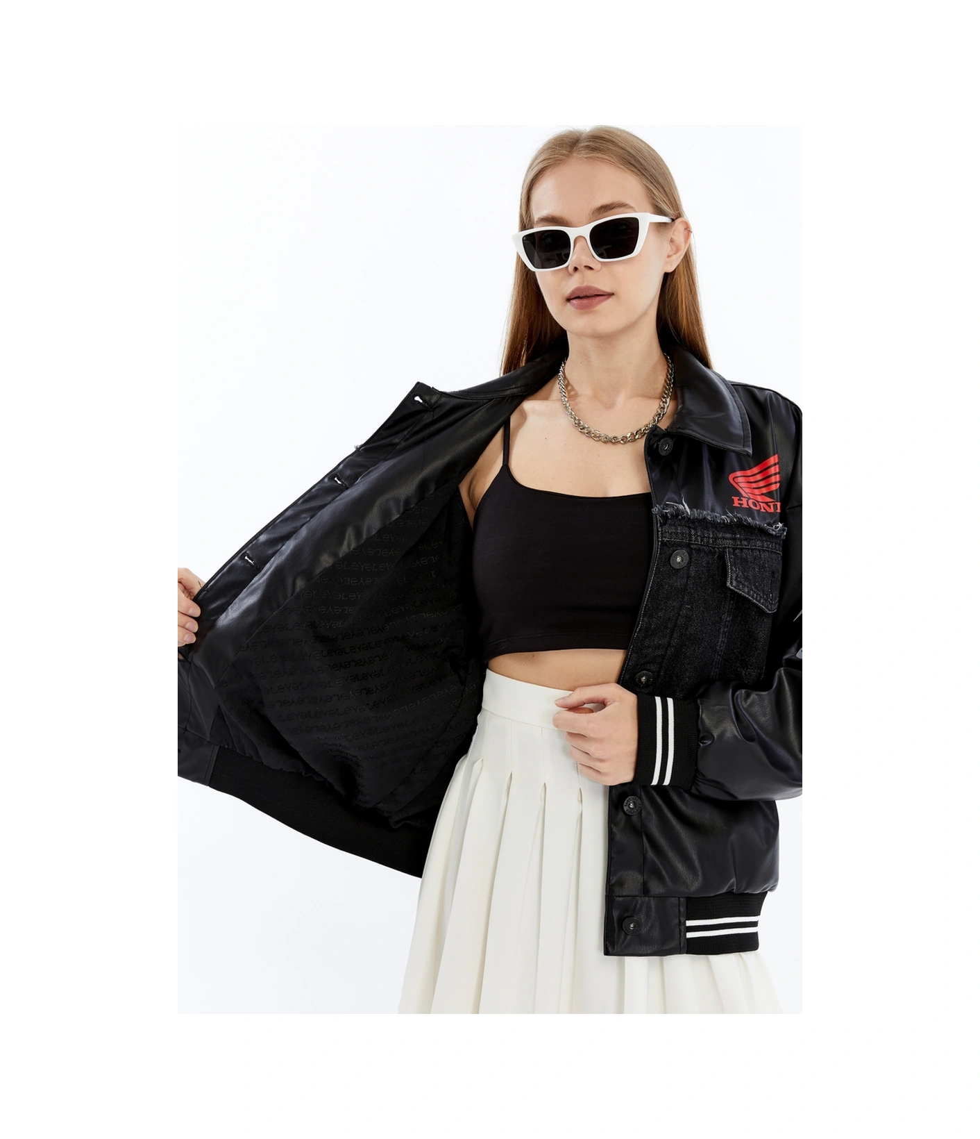 Kadın Oversize Deri Ve Kot Birleşimi Baskılı Kolej Mont Ribanalı Bomber Ceket Motorcu Yarışçı Mont Siyah