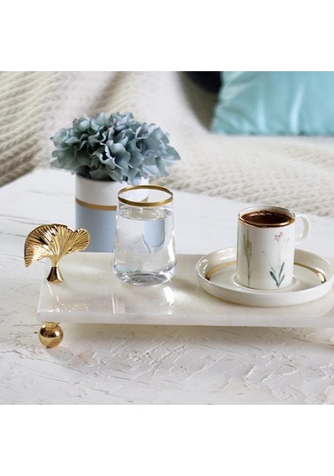 Akayev Mermer Beyaz 30X15 CM Altın Ayak Ginkgo Sunum Tabağı