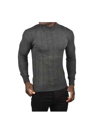 Deepsea Erkek Antrasit Slim Fit Likralı Tüylenme Yapmayan Yarım Balıkçı Çizgili Triko Yarım Boğazlı Kazak 2505503 Antrasit