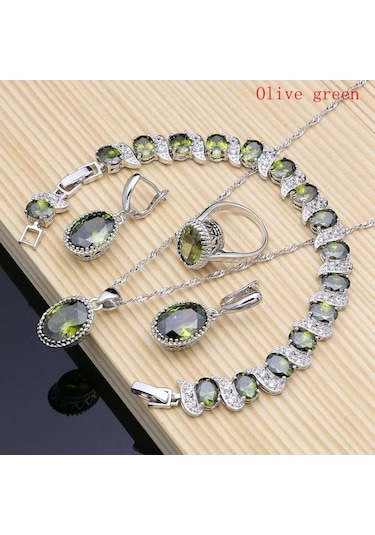 Novahub Zeytin Yeşili Gümüş Renk Gelin Takı Şampanya Taşı Takı Setleri Kadınlar Için Küpe/kolye/yüzük/bilezik 7.5 Yeşil