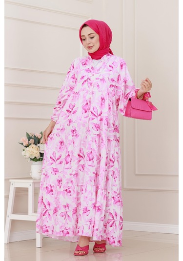 Kuşaklı Çiçekli Lina Elbise-pembe-5261 Pembe