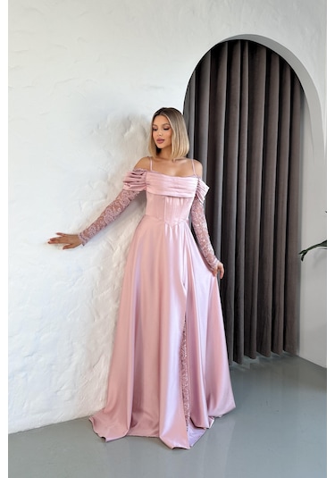 Kolları Dantelli Pudra Saten Abiye Elbise Pudra