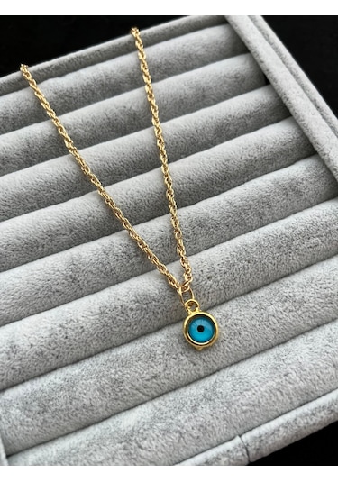 Gold Kaplama Hasır Burgu Zincir Mineli Nazar Gözü Kolye Altın