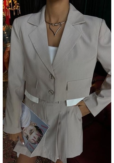 Crop Ceketli Ve Pile Etekli Garnili Takım 10111 Karışık