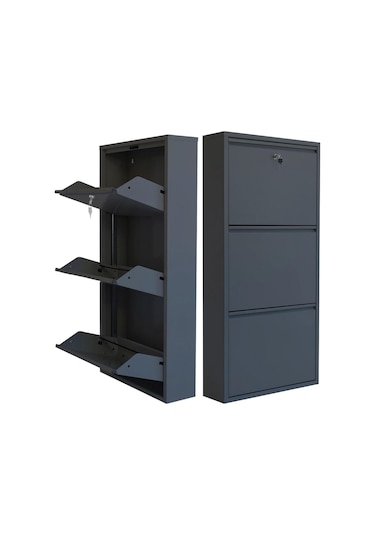 Kilitli 3'lü Metal Ayakkabılık - Antrasit