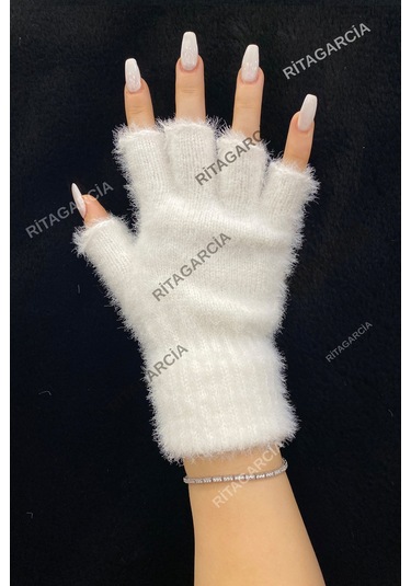 Peluş Kesik Parmak Eldiven Beyaz1