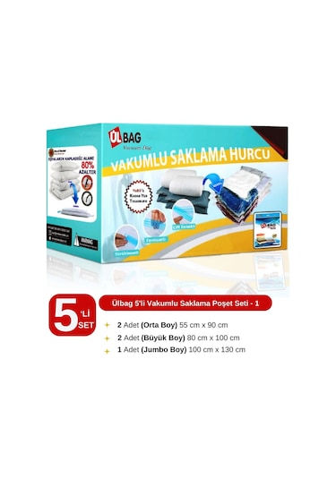 5'li Vakumlu Saklama Poşeti Set - 1 - Vakumlu Hurç - Vakumlu Torba Şeffaf