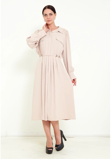 Modatalika Kadın Pile Detaylı Kemerli Gömlek Yaka Şık Uzun Kolu Midi Elbise BEJ