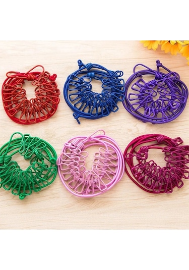 Pratik Evde Seyahatte Kampta Kullanılabilen 12 Mandallı Çamaşır Kurutmalık İpi Çok Renkli