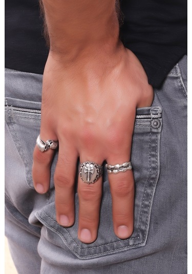 Erkek Antik Gümüş Kaplama Ayarlanabilir 3'Lü Yüzük Seti N11.11041 Gümüş