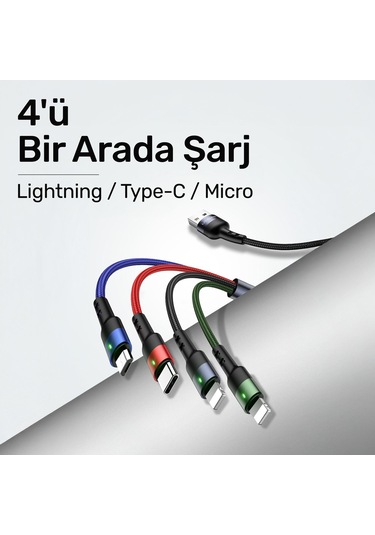 Usams Us-sj317 4in1 2 Lightning 1 Type-c 1 Micro Uçlu 1.2m 2a Örgülü Renkli Şarj Ve Data Kablosu