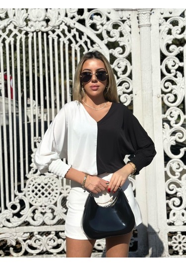 Kadın Uzun Kollu V Yaka Kol Ağzı Gipeli Sandy Bluz Antrasit Melanj