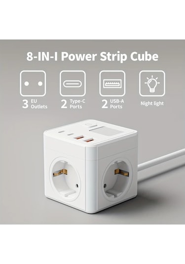 Honeybeeshop 1 Paket Siyah 8li 3 Ac Cikisli 2 Usb Portlu 2 Type C 15m Uzatma Kablosu Ev Ofis Seyahat Icin 3 Renk Modlu Ayarlanabilir Gece Isigi