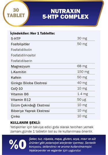 Nutraxin 5-HTP Complex 30 Tablet–Serotonin Desteği, B6 & B12 Vitaminli, Ginkgo Biloba ve Koenzim Q10 İçerikli
