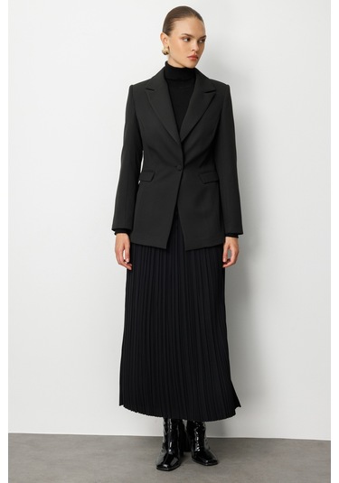 Mizalle Beli İpli İnce Piliseli Siyah Maksi Etek Siyah