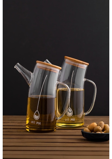 Porsima 2093 Bambu Kapaklı Vakumlu Borosilikat Cam 2li Yağdanlık Yağlık Sirkelik Seti 700ml Şeffaf