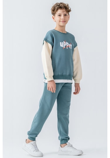 Erkek Çocuk Upper Baskılı 3 İplik Kalın Kışlık Eşofman Takımı Ak4231 Mavi
