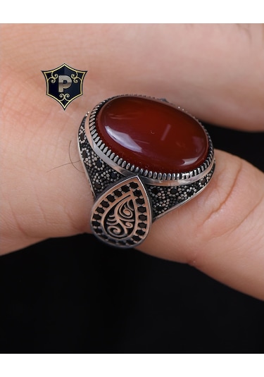 Gümüş Erkek Yüzük Akik Taşlı Mikro Taş Süslemeli