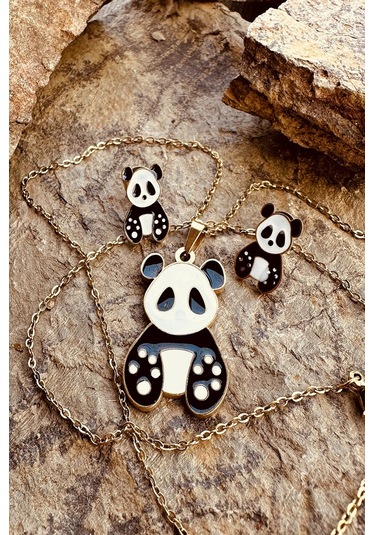 Patili Panda Siyah Beyaz Mineli Altın Renk Çelik Çocuk Takı Set