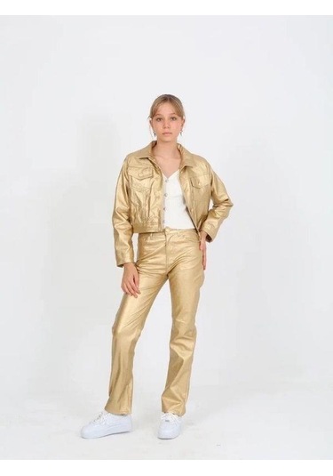 Kız Çocuk Gold Deri Ceket-14817 Altın