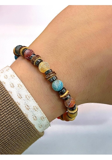 Nursaat 3'lü Doğal Taş Kehribar-Yeşim-Lapis-Kalsit-Dumanlı Kuvars-Sodalit Doğal Enerji Bilekliği Çok Renkli