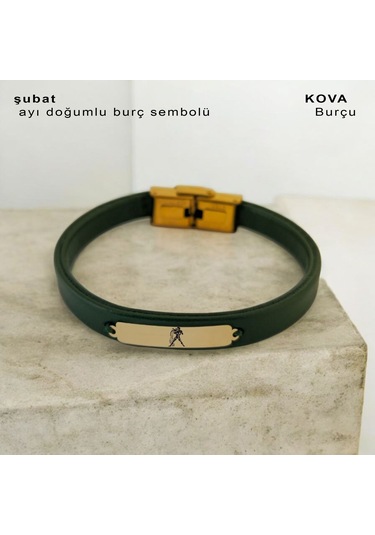 Archin Kova Burçlarına Dikdörtgen Motifli Yeşil Derili 14 Ayar Altın Plakalı Hediye Bileklik-371burç Kova