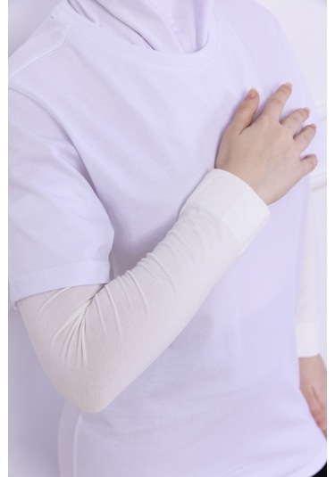 Likralı Penye Kolluk Ekru - Pratik Kadın Tesettür Düz Namaz Kolluğu 1 Çift 40cm Viskon Hijab Ekru