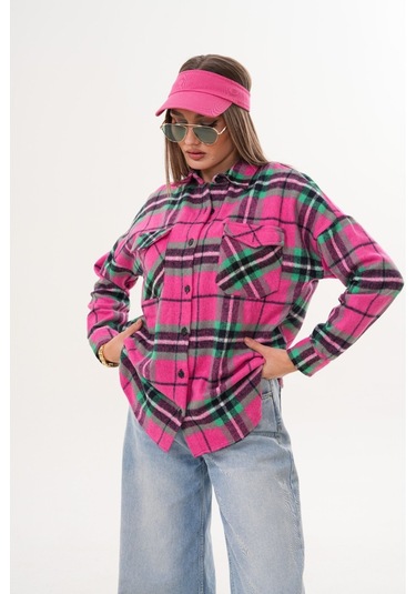 Kadın Desen Bloklu Oduncu Oversize Bol Ve Geniş Kalıp Casual Cepli Yakalı Ceket Gömlek Pembe