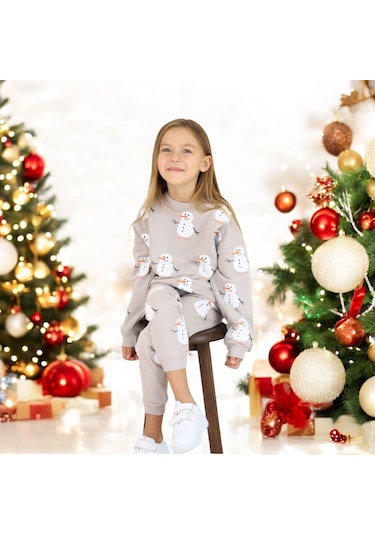 Kardan Adam Desenli Pamuklu Sweatshirt Jogger Eşofman Alt-üst Takım Açık Gri