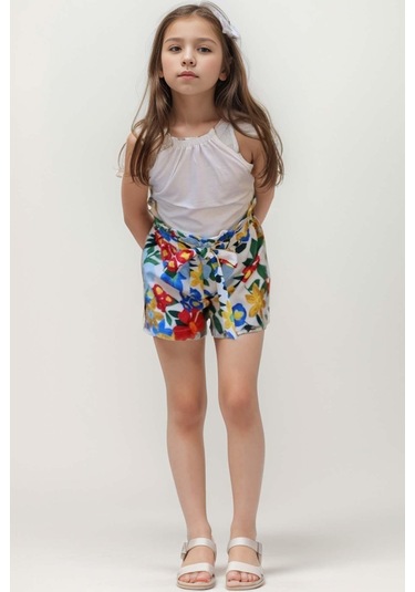 Riccotarz Kız Çocuk Renkli Flower Baskı Ve Halter Yaka White Bluz Şortlu Takım 001