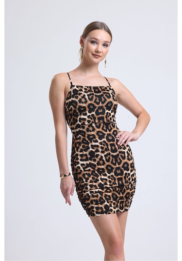 Sırttan Çapraz Bağlamalı Leopar Mezuniyet Elbisesi Kahverengi