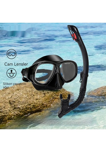 Profesyonel Şnorkel İki Parçalı Silikon Tam Kuru Şnorkel Büyük Çerçeve Sis Geçirmez Dalış Gözlüğü Seti Siyah