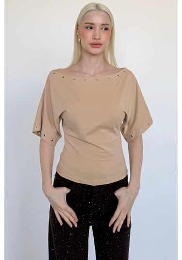 Madmext Taş Rengi Off Shoulder Metal Detaylı Kadın Bluz Mg2671 Taş Rengi