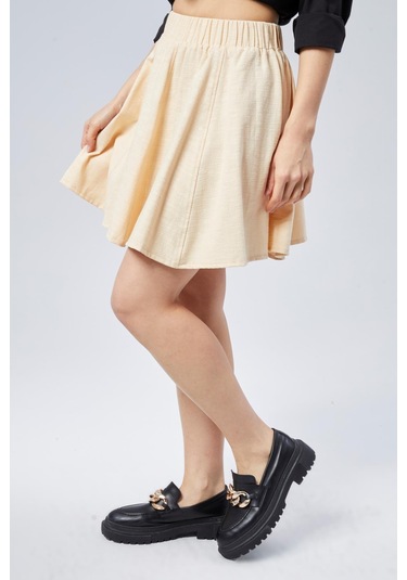 Nurören Flamlı Keten Parçalı Kısa Kloş Kadın Etek-ekru-02 Ekru