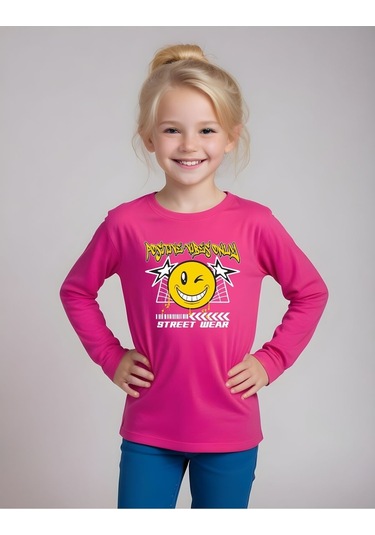 Fyk Kids Kız Çocuk Emoji Baskılı Yuvarlak Yaka Sweatshirt Fuşya