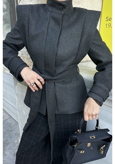 Antrasit Vatkalı Kuşaklı Kaşe Ceket - 1001 Antrasit