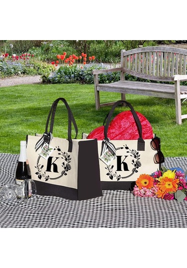 Tuval El Çantası Mektuplar Çiçek Taşınabilir Plaj Omuz Alışveriş Tote Çanta A425 Siyah